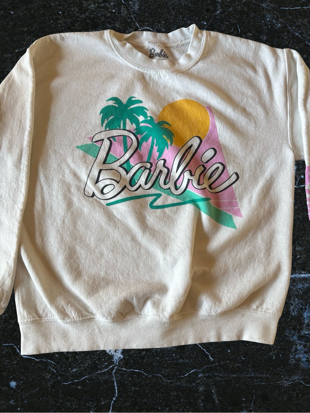 Barbie Crewneck Sweatshirt Medium Retro Beach Palm Tree Graphic white Pink Teal